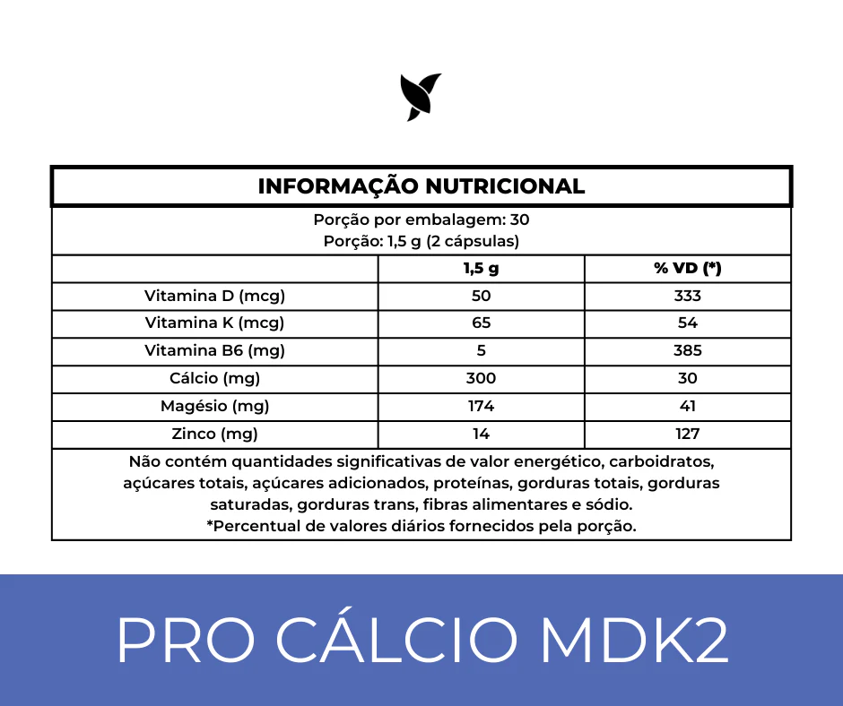 Pro Cálcio MDK2 - Cálcio de Algas, Vitamina D3, Vitamina K2 MK-7, Magnésio, Vitamina B6 e Zinco - 60 Cápsulas - Image 5