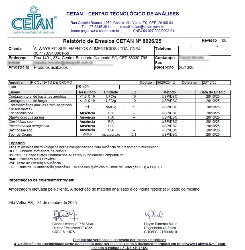 Picolinato de Cromo com 250mcg Dose Máxima- 60 Cápsulas - Image 3