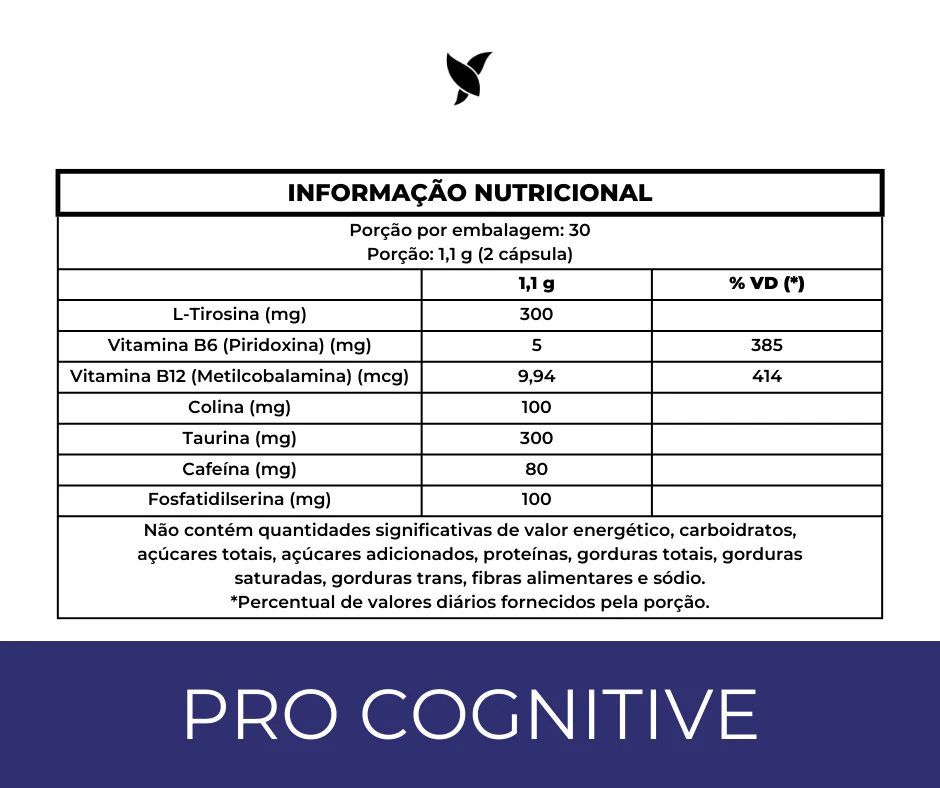 Pro Cognitive - Fosfatidilserina, Tirosina, Taurina, Cafeína, Colina, Piridoxina e Metilcobalamina - 60 Cápsulas - Image 3